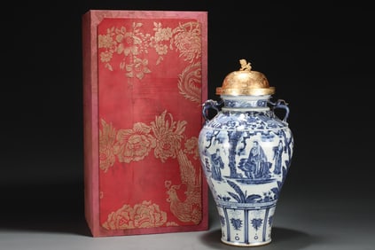 A Huge Blue and White Character and Story Pattern Double-Ears Vase,With Gilt Cover