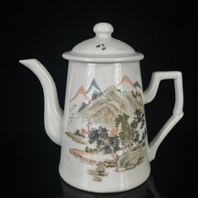 An Exquisite Light Crimson Color Landscape Pattern Teapot,With Poem