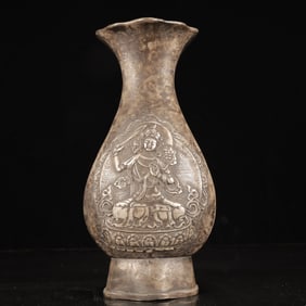 A Rare Silver-plated Copper Buddha Statue Pattern Vase