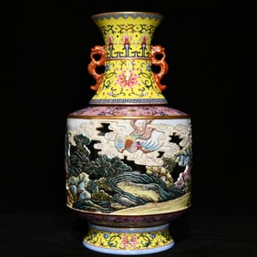 A Rare Enamel Painted Gold Landscape and Phoenix Pattern Hollow Double-Ears Vase