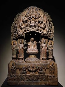 A Solemn Limestone Painted Color Hollow Statue of Sakyamuni