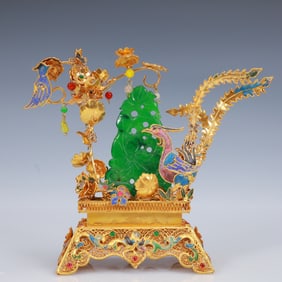 An Exquisite Filigree and Gilding Inlaid Jadeite Ganoderma Lucidum Ornament,Inlaid Gems