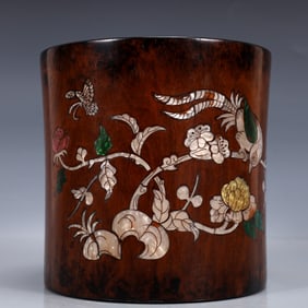 An Exquisite Huanghuali wood Inlaid Gems Flower and Bird Pattern Brush Pot