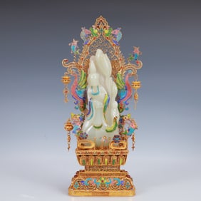 An Exquisite Filigree and Gilding Inlaid White Jade Statue of Avalokitesvara,Inlaid Gems