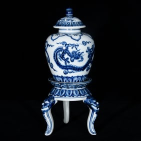 A Rare Blue and White Auspicious Cloud and Dragon Pattern Cover Jar,With Lotus and Phoenix Pattern
