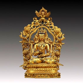 A Solemn Gilt Bronze Statue of Sakyamuni,Inlaid Turquoise