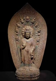 A Solemn Limestone Painted Color Statue of Avalokitesvara