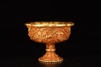 A Rare Gilt Bronze Carved Auspicious Beast Pattern Stem Cup