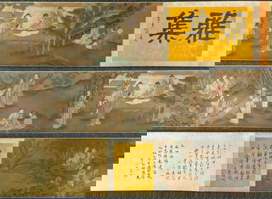 A Chinese Hand Scroll Ink Painting of Character and Story on Paper,Li Gonglin