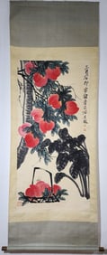 A Chinese Vertical Scroll Ink Painting of Peach on Paper,Qi Baishi
