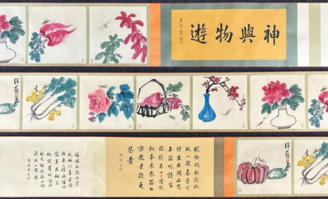 A Chinese Hand Scroll Ink Painting of Flower and Fruit on Paper,Qi Baishi