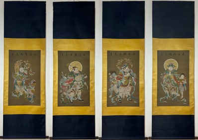 A Set of Chinese Vertical Scroll Ink Painting of Heavenly King on Silk,Ding Guanpeng