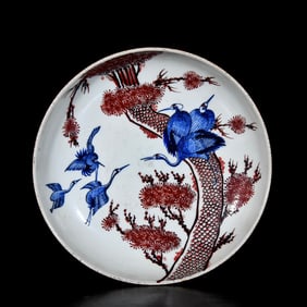 A Rare Blue and White Underglaze-Red Pine and Crane Pattern Plate