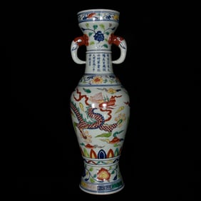 A Huge Blue and White Wucai Auspicious Cloud and Dragon Pattern Elephant-Ears Vase