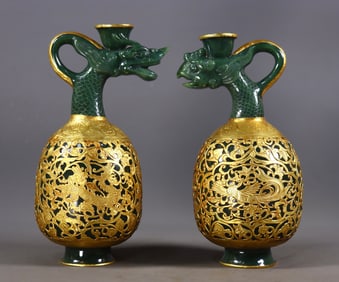 A Pair of Exquisite Jasper Cover with Gold Dragon and Phoenix Pattern Pots