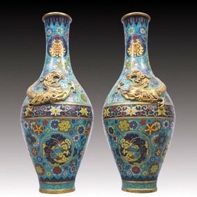 A Pair of Exquisite Cloisonne Flower and Dragon Pattern Vases