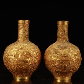 A Pair of Exquisite Gilt Bronze Dragon and Phoenix Pattern Vases