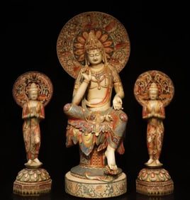 A Set of Solemn Marble Painted Color Statue of Avalokitesvara