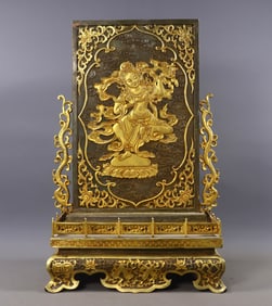 A Huge Gilt Bronze Auspicious Cloud and Figure Pattern Table Screen,With Poem