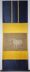 A Chinese Vertical Scroll Ink Painting of Horse on Silk,Lang Shining