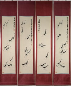A Set of Chinese Vertical Scroll Ink Painting of Shrimp on Paper,Qi Baishi