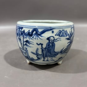 An Exquisite Blue and White Landscape and Figure Pattern Tripod Censer