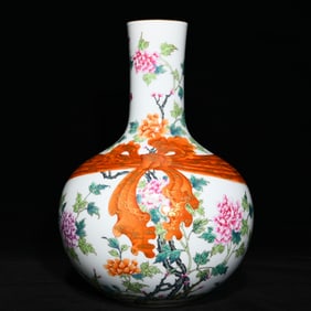 A Rare Famille-Rose Painted Gold Flower and Butterfly Pattern Vase