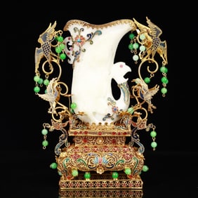 An Exquisite Filigree and Gilding Inlaid White Jade Phoenix Cup,Inlaid Gems