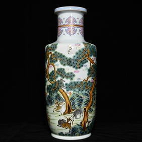A Huge Famille-Rose Painted Gold Pine,Crane and Deer Pattern Vase