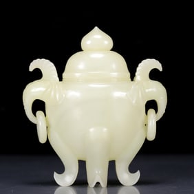 An exquisite white jade double-eared and tripod censer