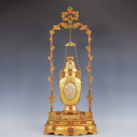 An Exquisite Gilt Bronze Inlaid White Jade Double-Ears Vase,Inlaid Gems