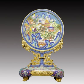 A Huge Cloisonne Landscape and Figure Pattern Table Screen