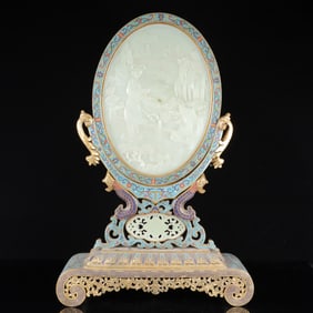 An Exquisite Cloisonne Inlaid White Jade Figure Pattern Table Screen,with poem