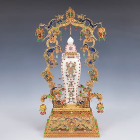 A Huge Filigree and Gilding Inlaid White Jade Double-Ears Vase,Inlaid Gems
