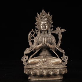 An Exquisite Silver-plated Copper Statue of Four-arms Avalokitesvara