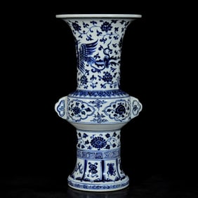A Rare Blue and White Lotus and Phoenix Pattern Vase