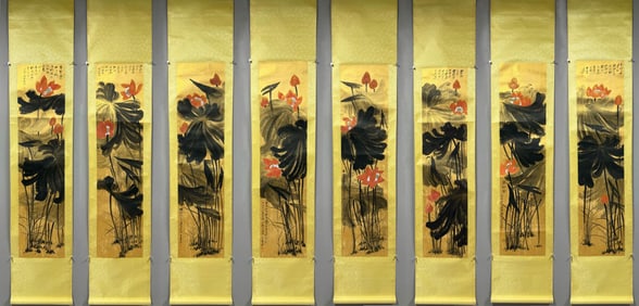 A Set of Chinese Vertical Scroll Ink Painting of Lotus on Paper,Zhang Daqian