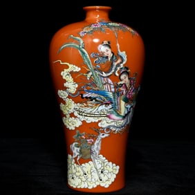 An Exquisite Iron-Red Glazed Famille-Rose Painted Gold Character and Story Pattern Vase,With Poem