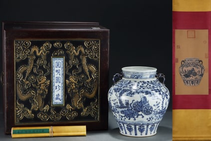 A Rare Blue and White Character and Story Pattern Double-Ears Jar,With Vertical Scroll Painting on