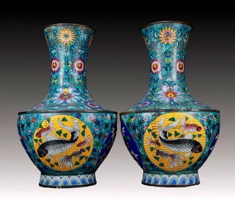 A Perfect Pair of Cloisonné Floral Fish Pattern Bottles