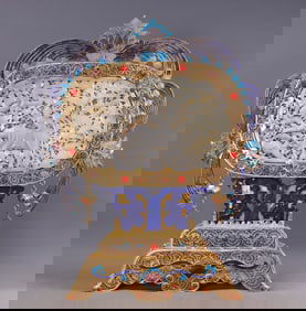 A Rare Flower silk gold-plated Inlaid White Jade Dragon and Phoenix Pattern Screen,Inlaid Gems