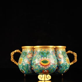An Exquisite Cloisonne Lotus Pattern Double-Ears and Tripod Pumpkin-Shaped Censer