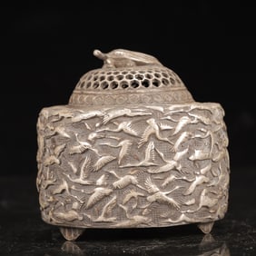An Exquisite Silver-plated Copper Crane Pattern Tripod Censer