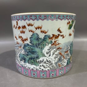An Exquisite Famille-Rose Landscape and Bats Pattern Brush Pot