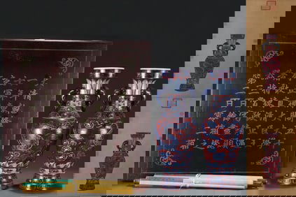 A Pair of Huge Red Glazed Blue and White Auspicious Cloud and Dragon Pattern Elephant-Ears