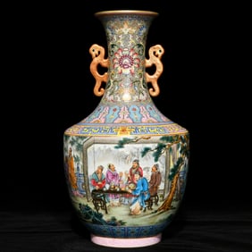 A Rare Famille-Rose Character and Story Pattern Double-Ears Vase