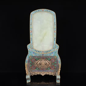 An Exquisite Cloisonne Inlaid White Jade Figure Pattern Table Screen,with poem