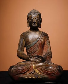 A Solemn Limestone Painted Color Statue of Sakyamuni