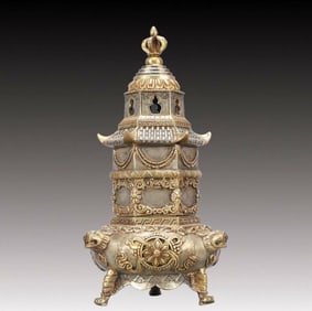 A Rare Gilt Silver Eight Treasures Pattern Beast-Ears and Tripod Censer