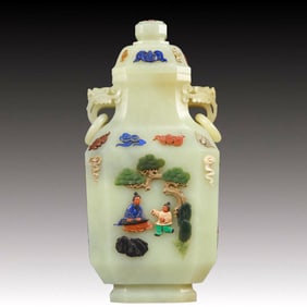 An Exquisite White Jade Inlaid Gems Figure Pattern Double-Ears Bottle